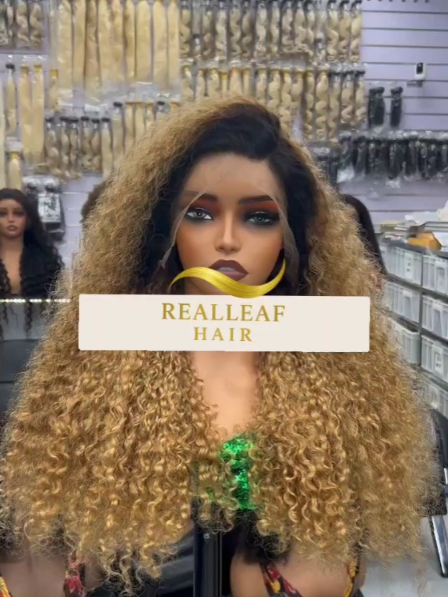 Rooted Honey Blonde Curly Wig – 24" 13x4 HD Lace | RealLeafHair